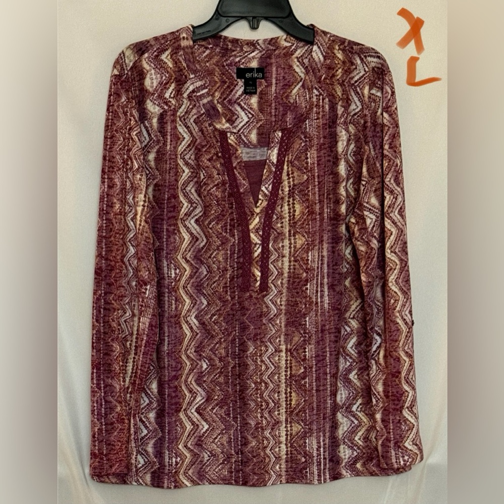Erika Women's Maroon and Beige Geometric Long Sleeve Top